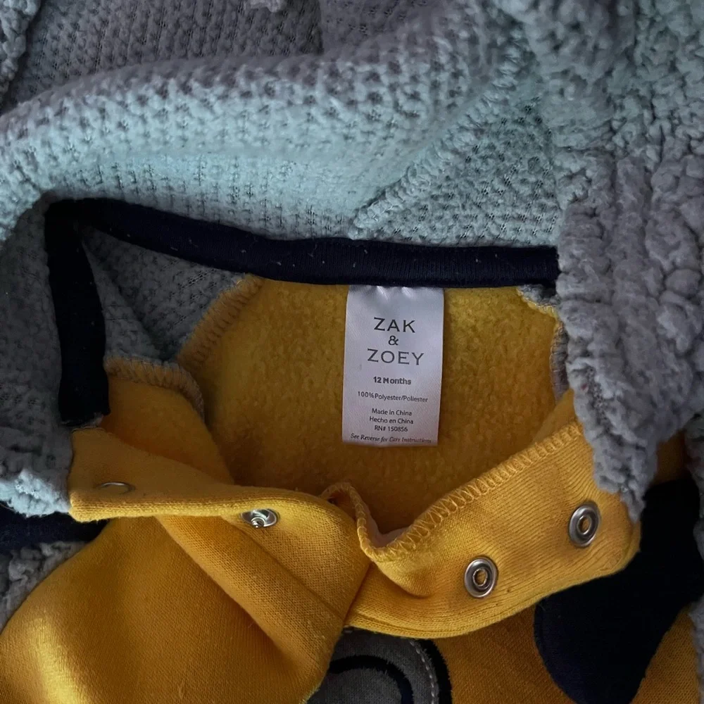 Zack & Zoey Yellow Hooded Plush Onesie with Gray Sherpa Hood